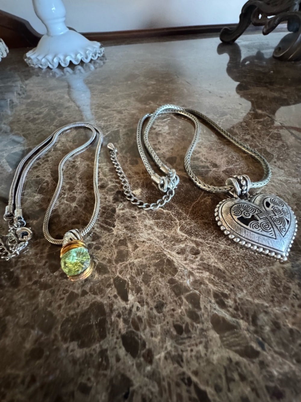 Silver Heart Pendant Necklace with Green Glass Accent -  Vintage Brighton Style